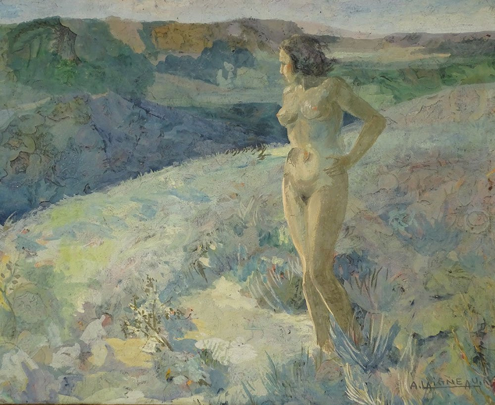 Hsc Painting André Laigneau De Villeneuve Nude Woman Landscape Hills 20th Century-photo-2