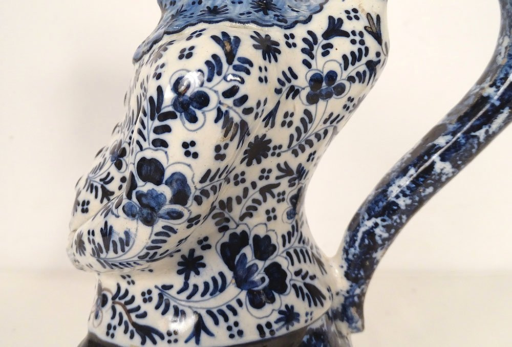 Jacquot Anthropomorphic Pitcher Delft Earthenware White Blue Man Flowers 19th Century-photo-4