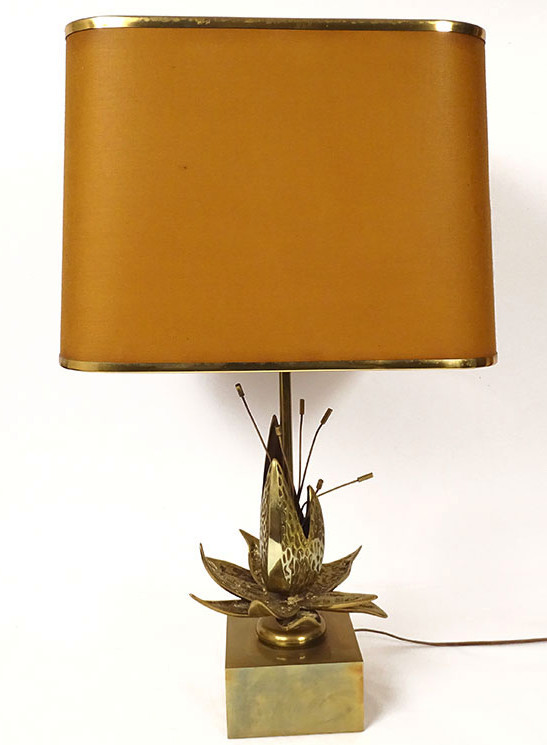 Lampe Maison Charles Bronze Doré Fleur Exotique Abat-jour Design XXè Siècle