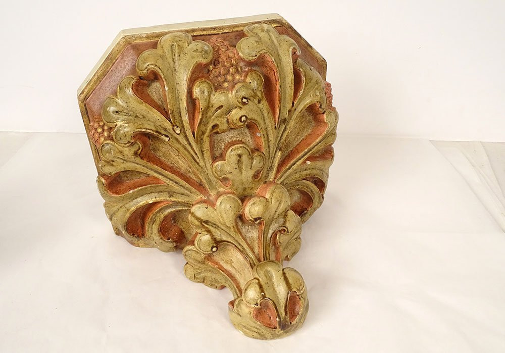 Console d'Applique Murale Plâtre Polychrome Feuillage Grappes Fin XIXème-photo-2