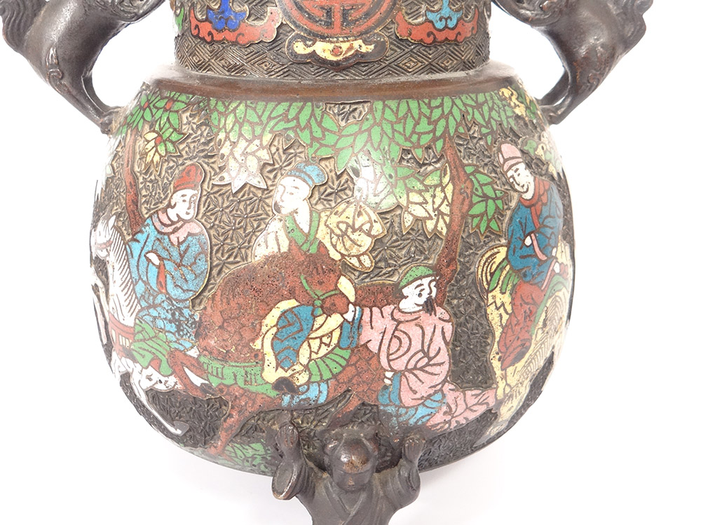 Paire Vases Japonais Bronze Cloisonné Décor Dragon Mandarin XIXè-photo-2