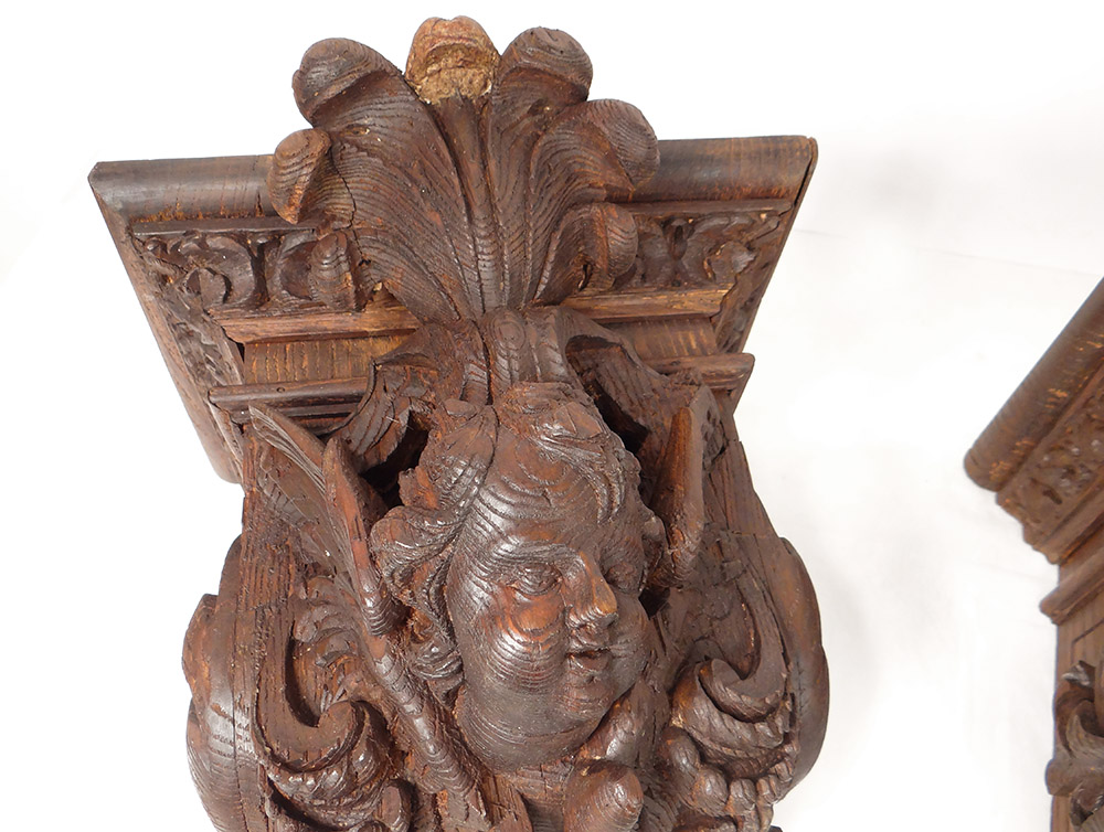 Pair Consoles Applique Wood Carved Heads Angelots Putti Foliage XIX-photo-2