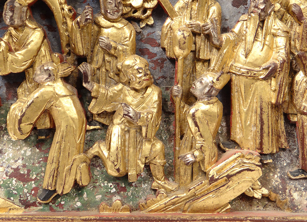 Panneau Haut-relief Bois Sculpté Doré Personnages Dignitaires Chine XIXème-photo-1