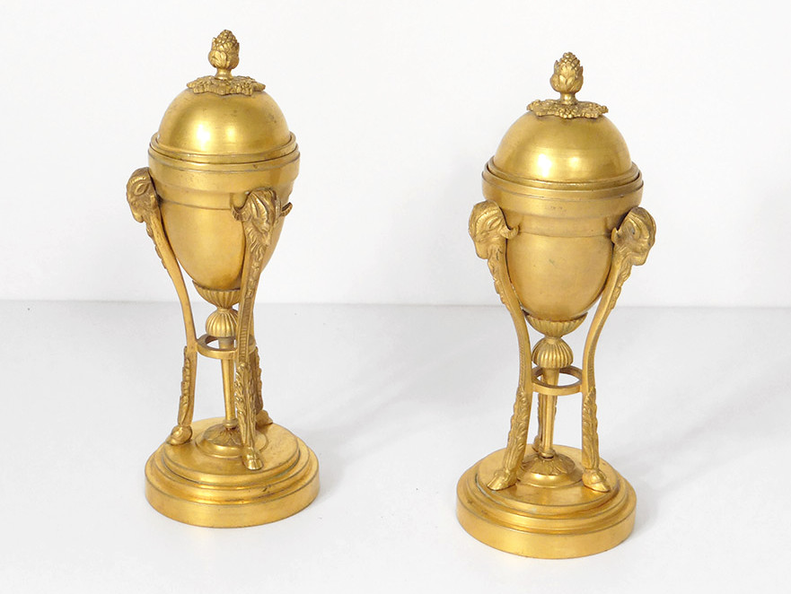 Pair Cassolettes Candlesticks Gilt Bronze Rams Napoleon III Nineteenth