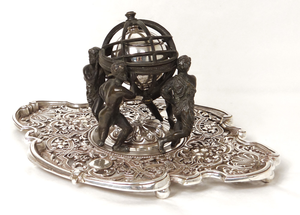 Bronze Inkwell Sphere Armillary Characters Continents Lerolle Brothers Nineteenth