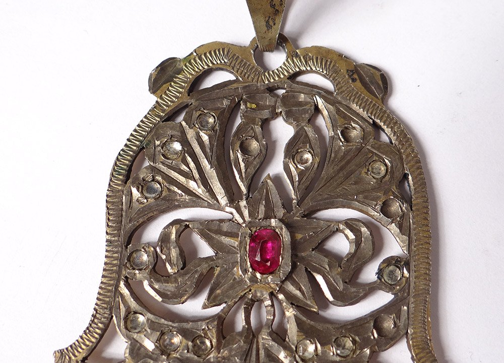 Pendentif Khamsa Main Fatma Argent Vermeil Rubis Afrique Nord Maghreb XIXè-photo-4