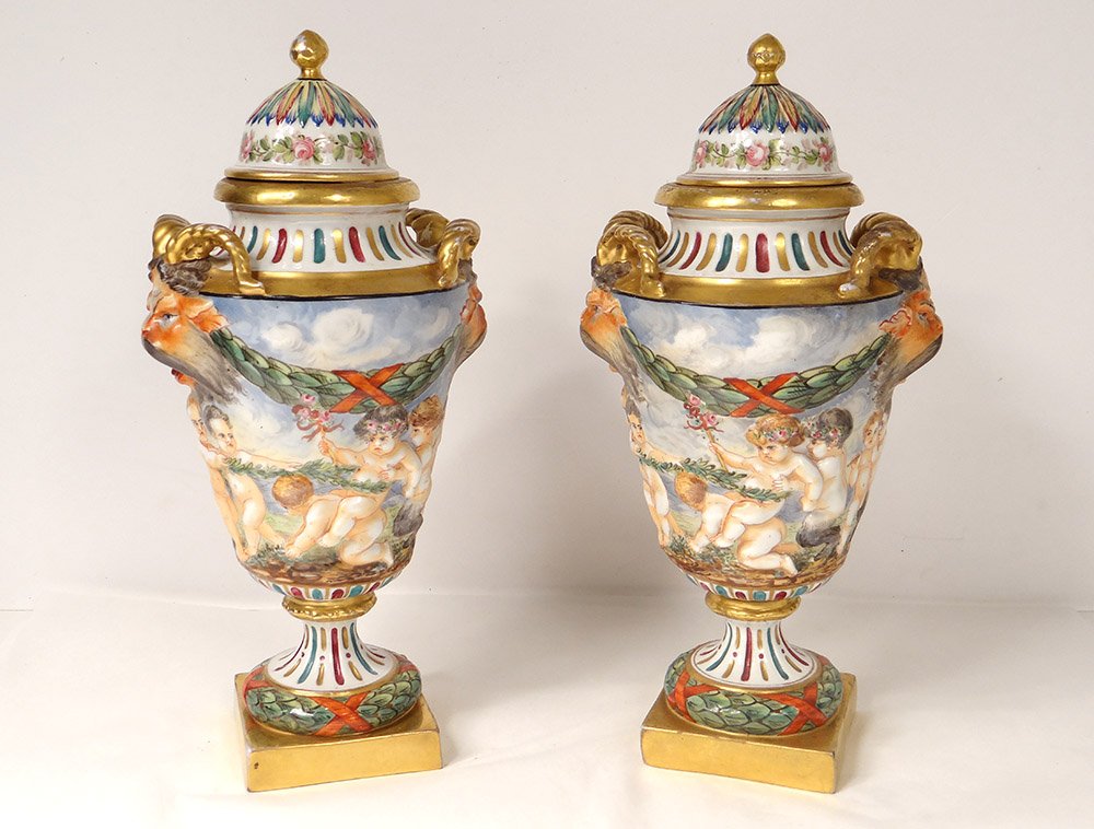 Paire Pots Couverts Porcelaine Capodimonte Faunes Chérubins Bacchus XIXème-photo-4