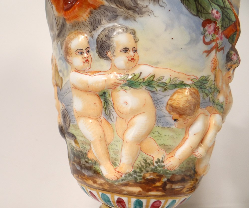 Paire Pots Couverts Porcelaine Capodimonte Faunes Chérubins Bacchus XIXème-photo-5