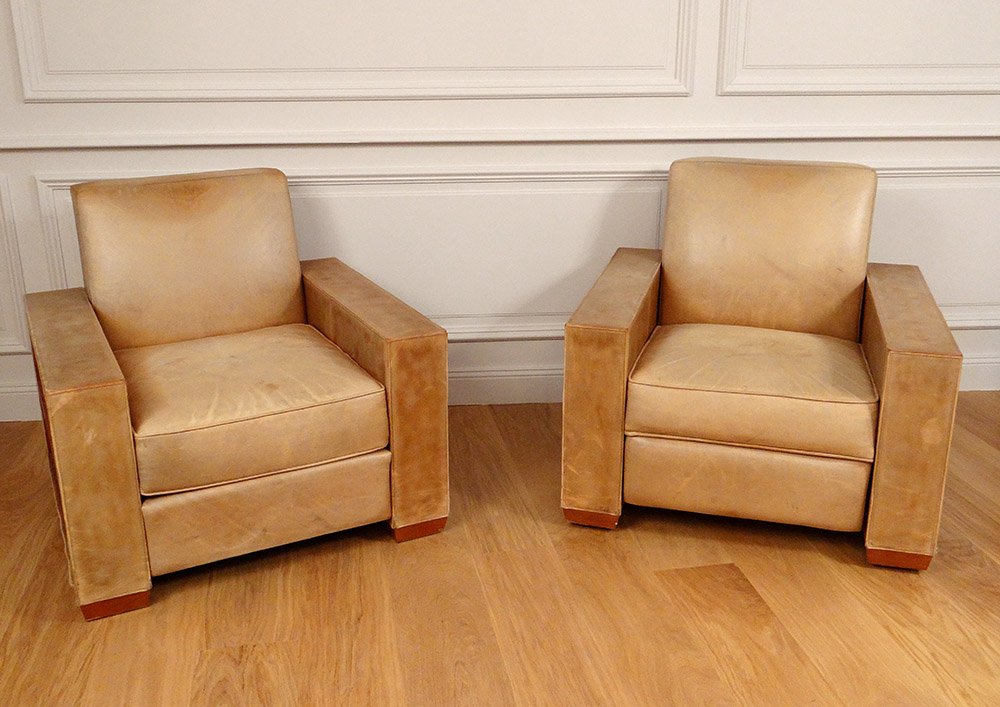 Pair Armchairs Club Leather Library Vintage 1980 XXth Century