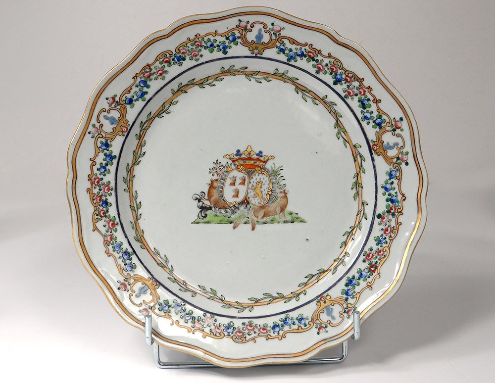 5 Assiettes 1 Plat Compagnie Indes Armoirié Visdelou Bonamour Qianlong 18è-photo-2