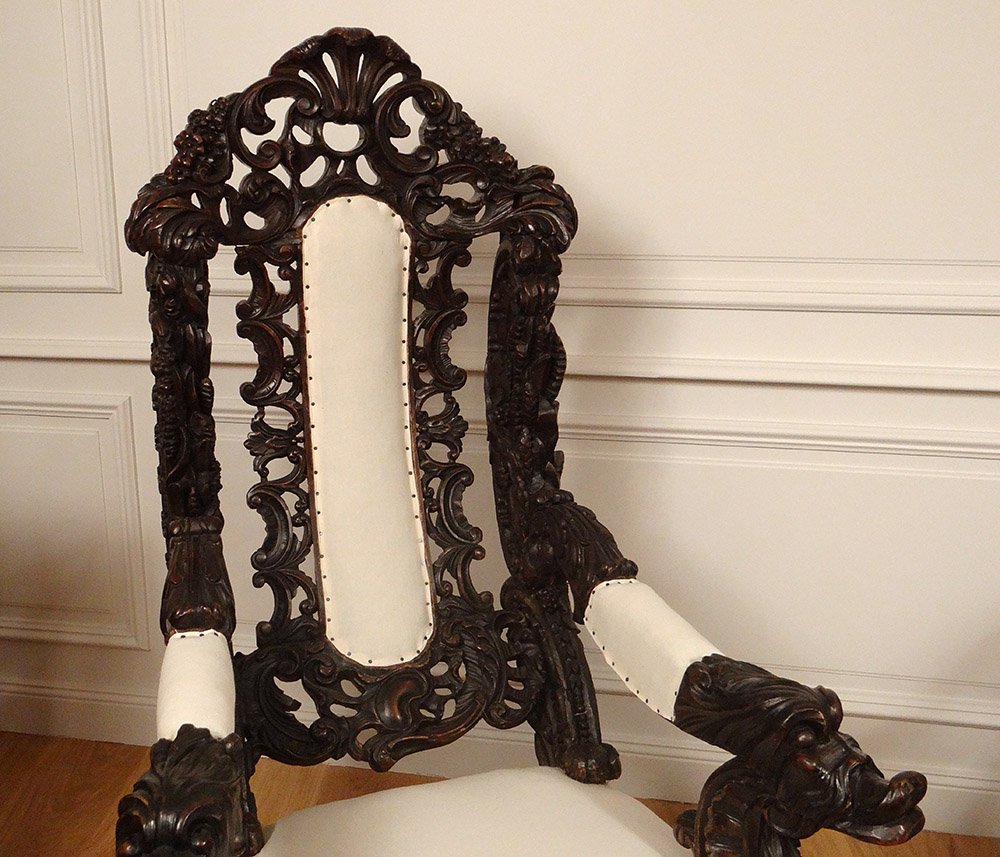 Pair Large Armchairs Carved Wood Italy Venice Baroque Raisin Vine Nineteenth-photo-2