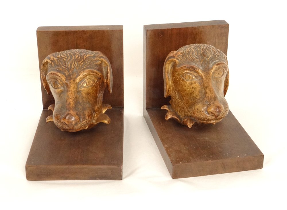 Pair Bookends Wood Carved Gilded Heads Dog Hunting Braque Twentieth Century-photo-2