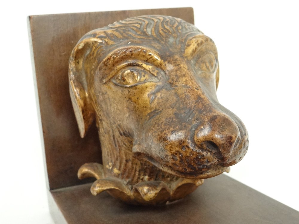 Pair Bookends Wood Carved Gilded Heads Dog Hunting Braque Twentieth Century-photo-2