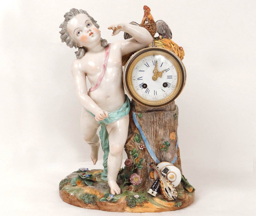 Pendule Porcelaine Angelot Putti Allégorie Musique Tambour Coq XIXème