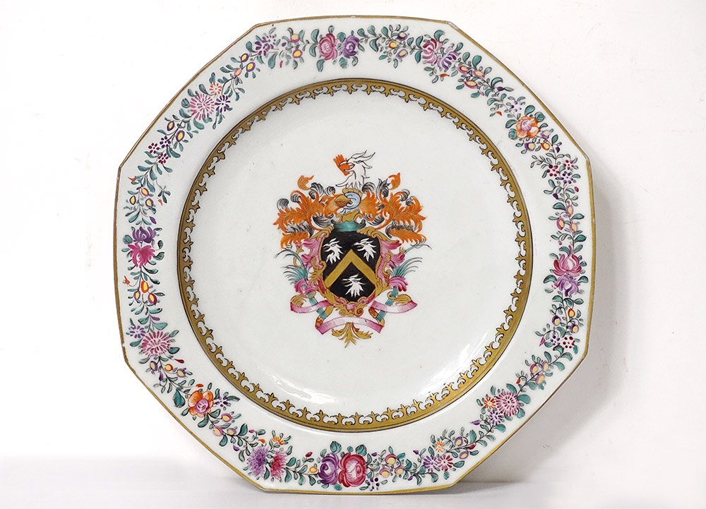Plat Octogonal Porcelaine Compagnie Indes Armoiries Blason Chevalier XVIIIè
