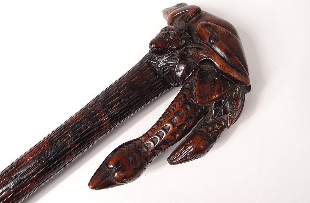 Cane Popular Art Wood Carved Snakes Frog Monkey XIXth Century-photo-3