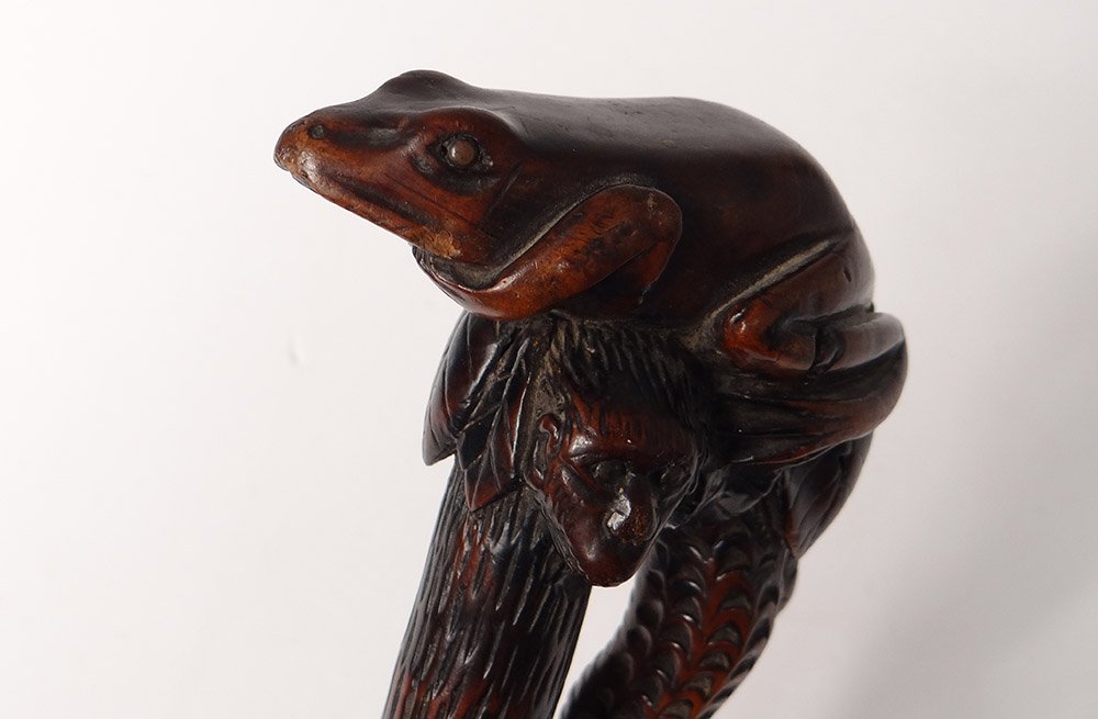 Cane Popular Art Wood Carved Snakes Frog Monkey XIXth Century-photo-4