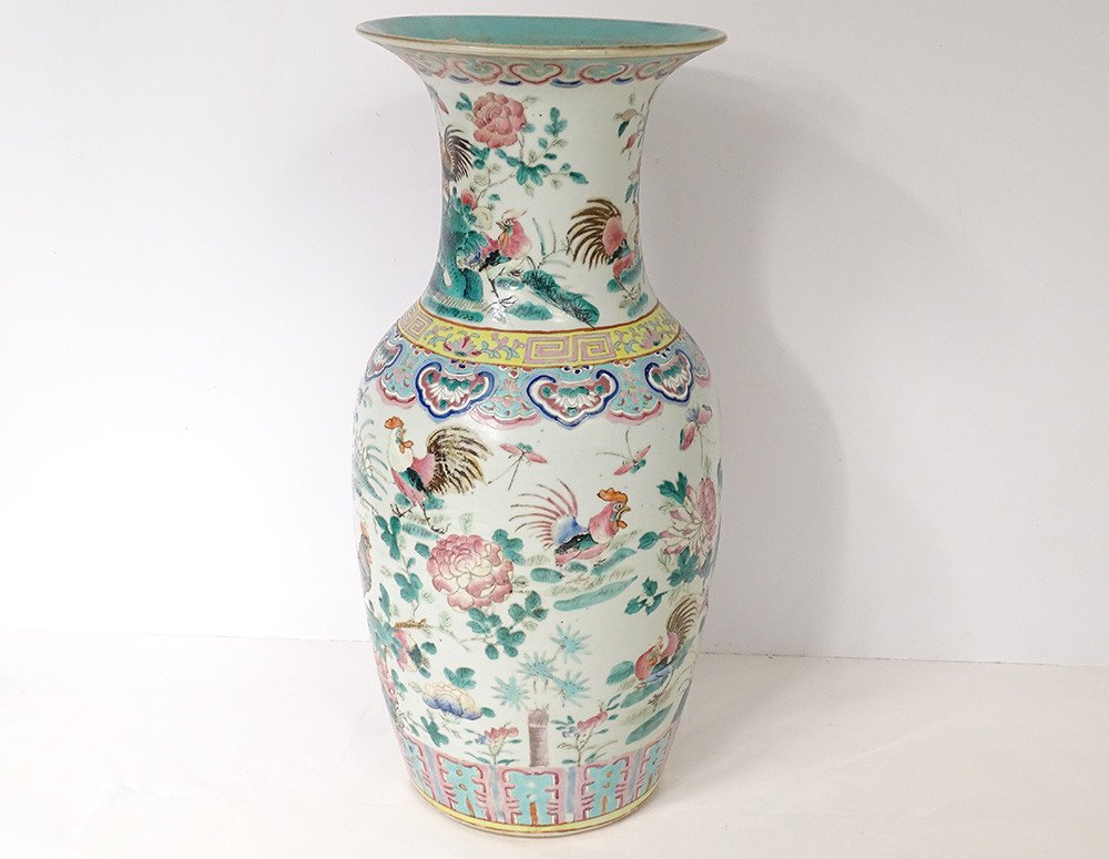 Grand Vase Balustre Porcelaine Chinoise Papillon Fleurs Chine Coq 19è-photo-4