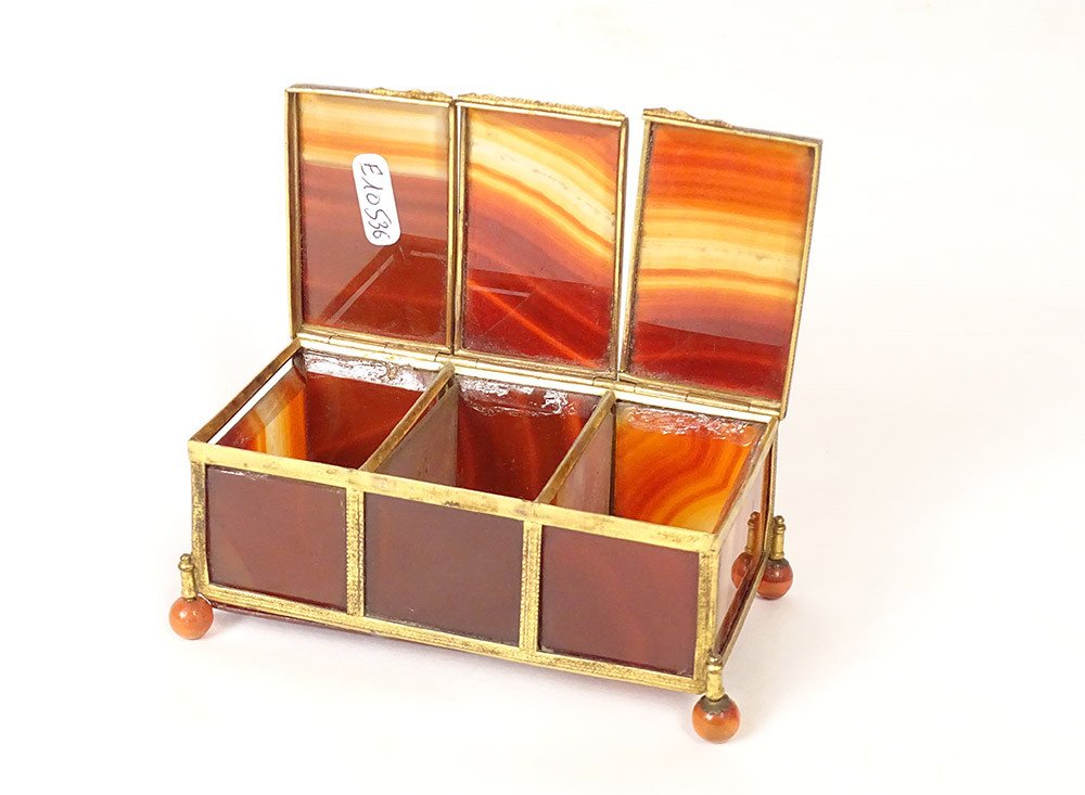 Box Three Compartments Agate Set With Chiseled Brass XIXth Time-photo-2