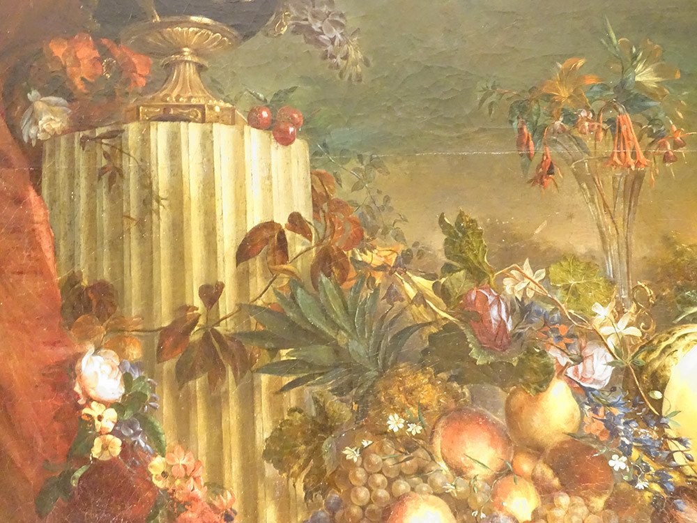 Huile Toile Nature Morte Signée Laure Bruyère Née Mallet Fruits Fleurs XIXè-photo-3