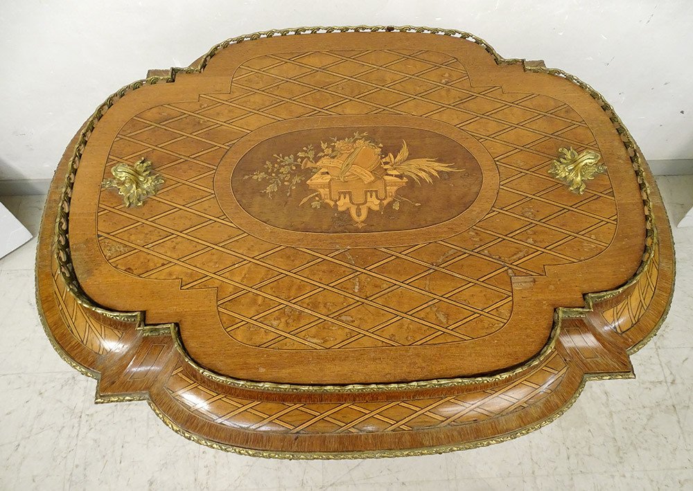 Table Planter Marquetry Instruments Music Bronze Napoleon III Nineteenth-photo-3