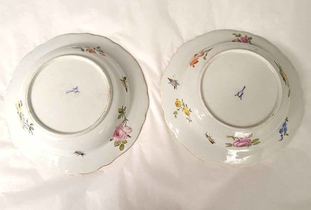 6 Assiettes Creuses Porcelaine Meissen Goût XVIIIème Fleurs Dorure XIXème-photo-1