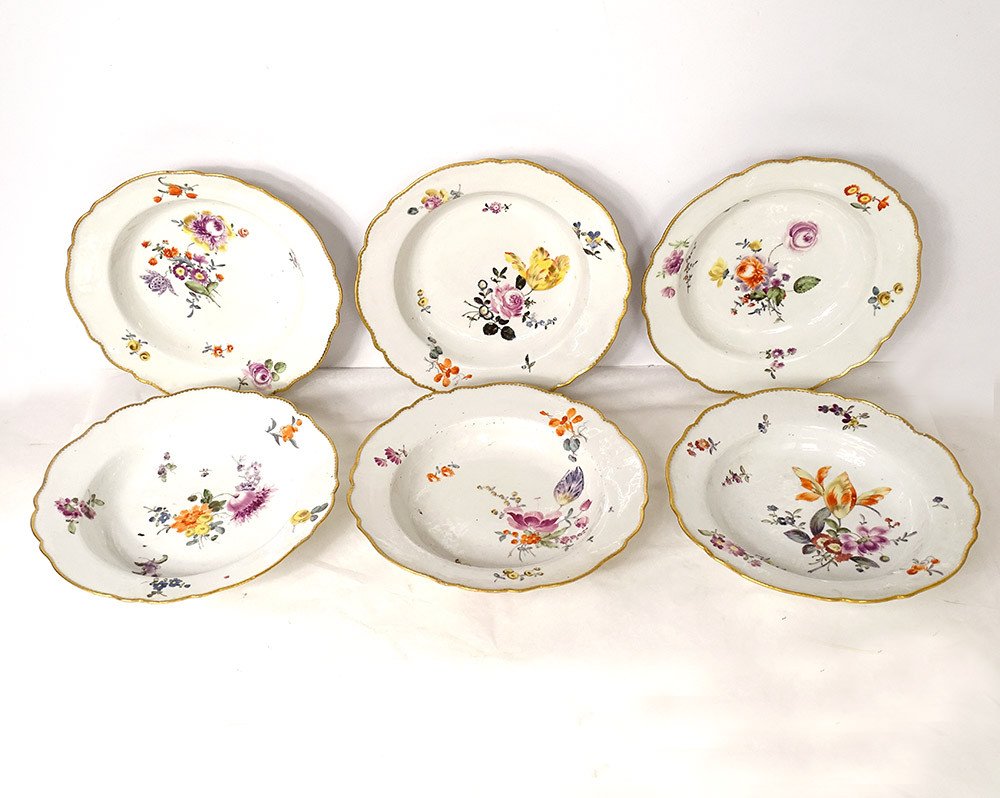 6 Assiettes Creuses Porcelaine Meissen Goût XVIIIème Fleurs Dorure XIXème