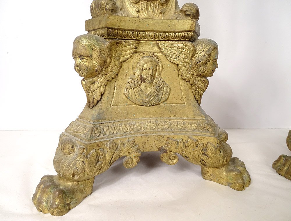 Pair Large Pique-candles Altar Gilt Bronze Cherubs Sacred Heart XIXth-photo-2