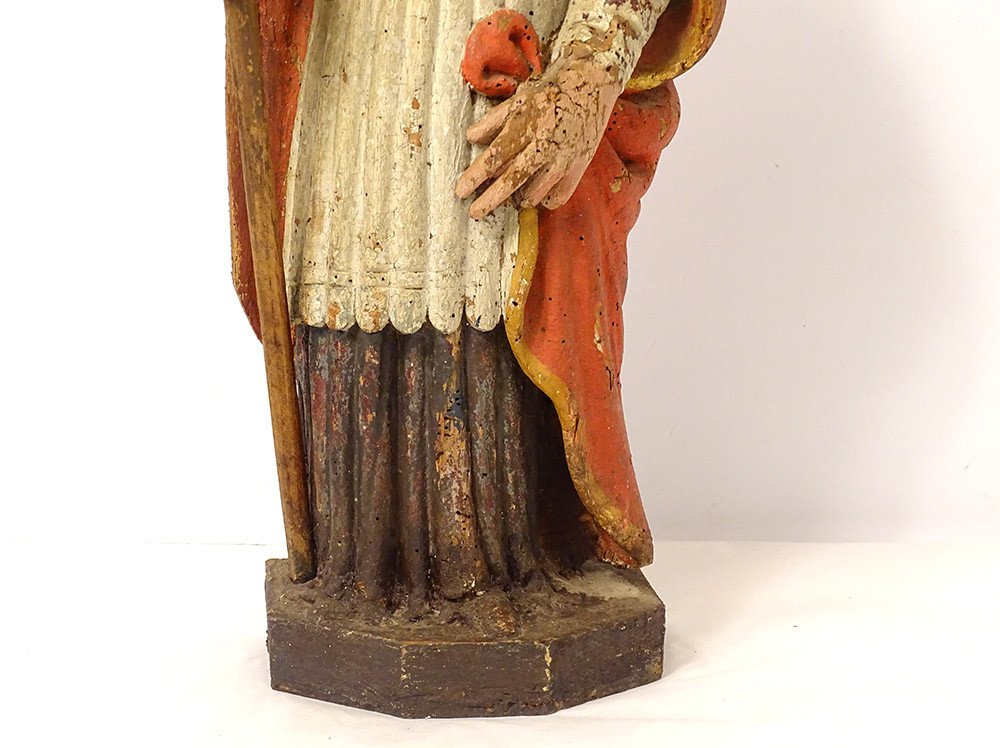 Statue Bois Sculpté Polychrome évêque Crosse Saint-Eloi XVIIIème Siècle-photo-3