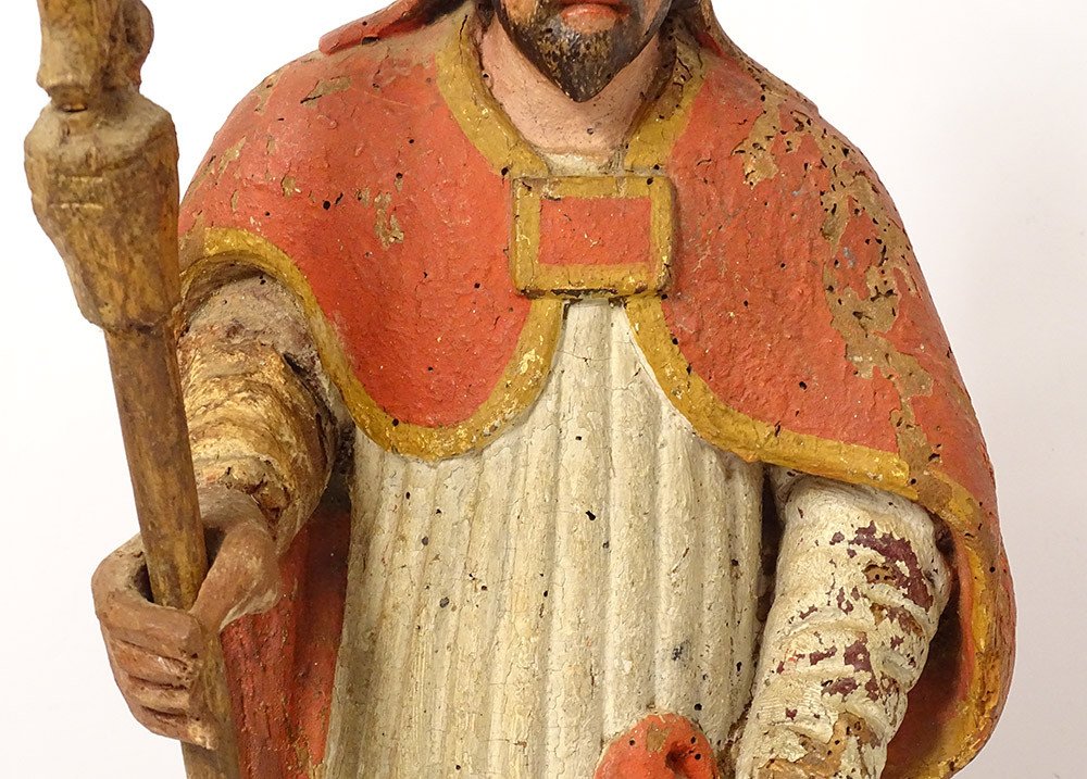 Polychrome Carved Wood Statue Bishop Crosse Saint-eloi XVIIIth Century-photo-1