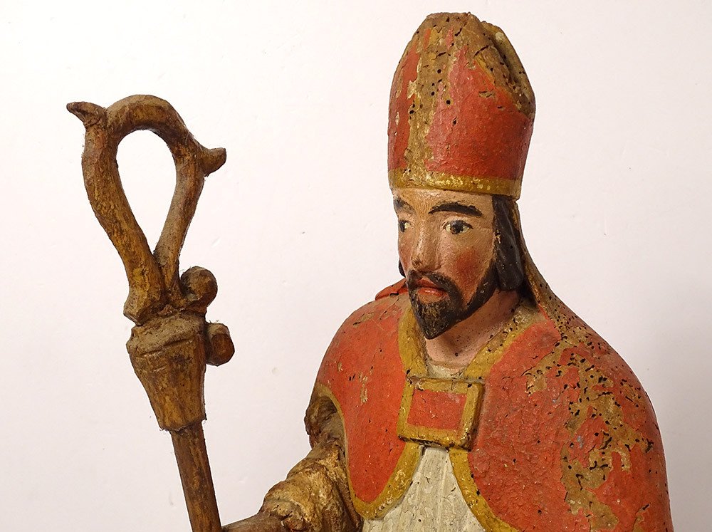 Polychrome Carved Wood Statue Bishop Crosse Saint-eloi XVIIIth Century-photo-4