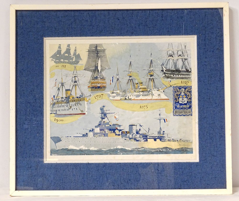 Gouache Albert Brenet Boats Ship Frigate Duguay-trouin Coat Of Arms Twentieth