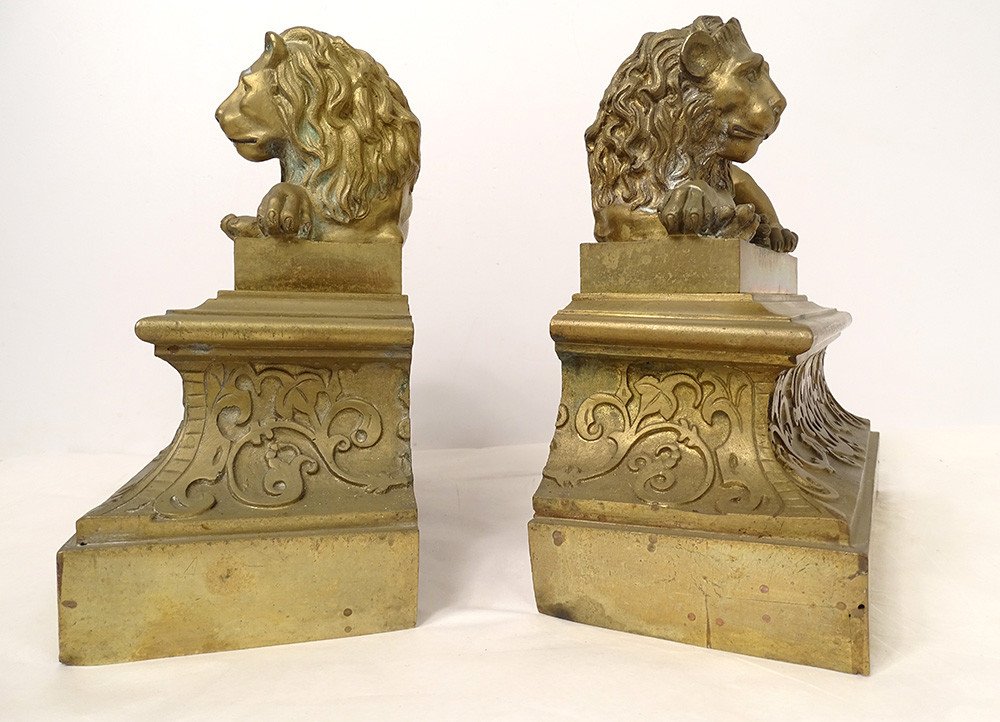 Paire Chenets Bronze Doré Lions Couchés Château Neuilly Restauration XIXè-photo-4