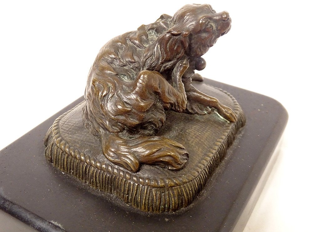 Sculpture Presse-papier Bronze Chien Coussin Marbre Noir XIXème Siècle-photo-4