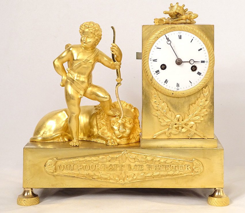Pendule Empire Bronze Amour Triomphant Lion Qui Pourrait Me Résister XIXème