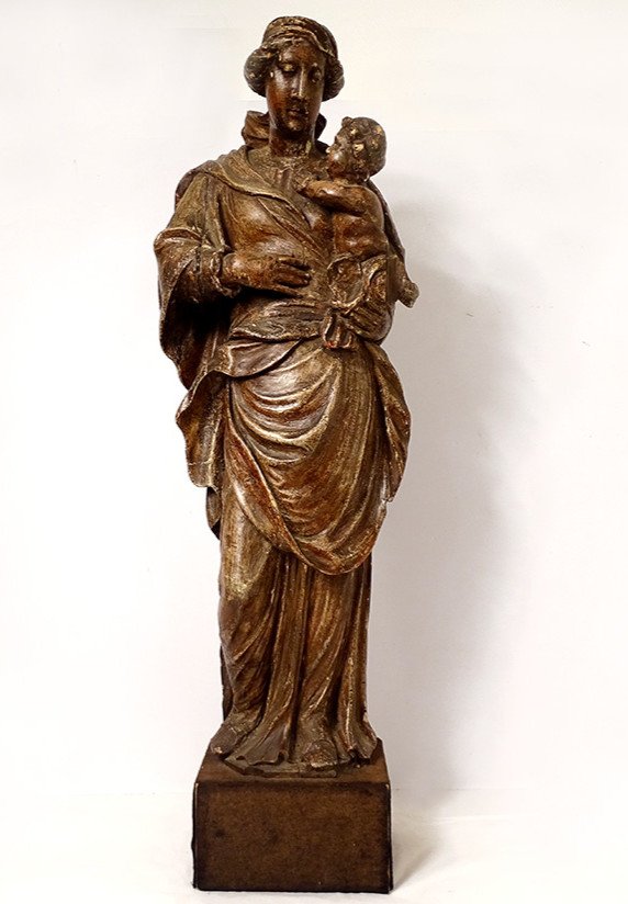 Statue Religieuse Vierge à l'Enfant Jésus Bois Sculpté Polychrome XVIIIème