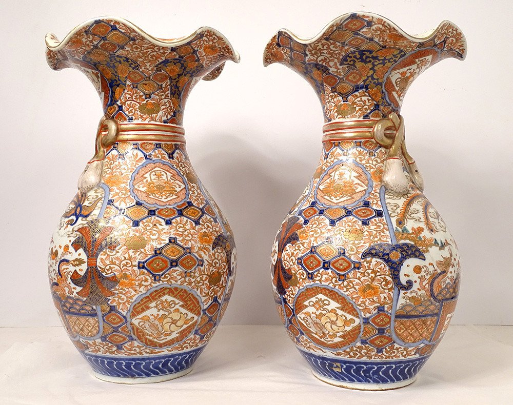 Pair Large Imari Porcelain Vases Japan Dragon Phoenix Gilding XIXth Century-photo-6
