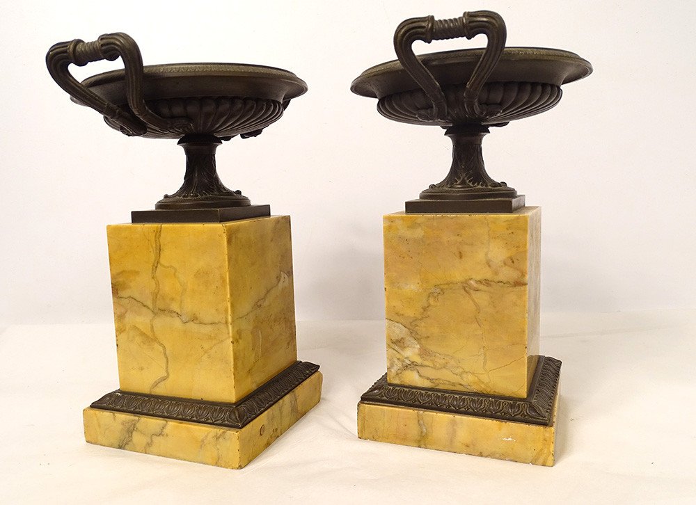 Pair Decorative Cassolettes Marble Siena Bronze Restoration XIXth Century-photo-5