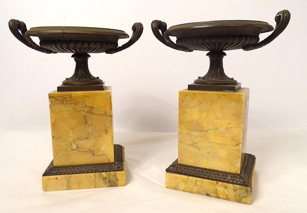 Pair Decorative Cassolettes Marble Siena Bronze Restoration XIXth Century-photo-6