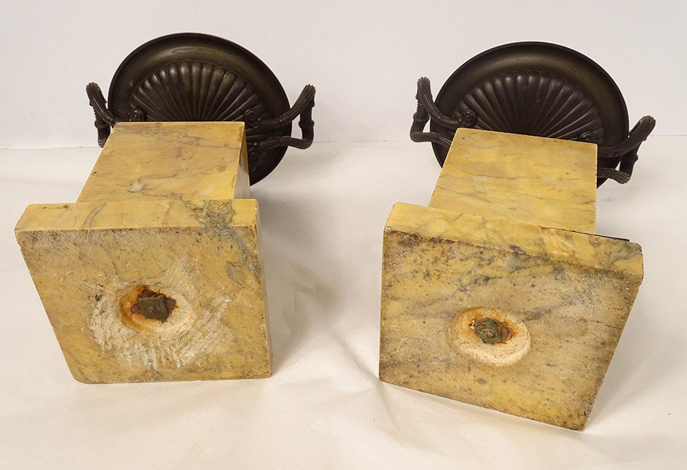 Pair Decorative Cassolettes Marble Siena Bronze Restoration XIXth Century-photo-7