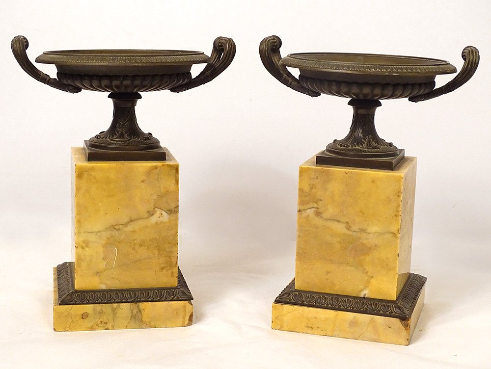 Pair Decorative Cassolettes Marble Siena Bronze Restoration XIXth Century