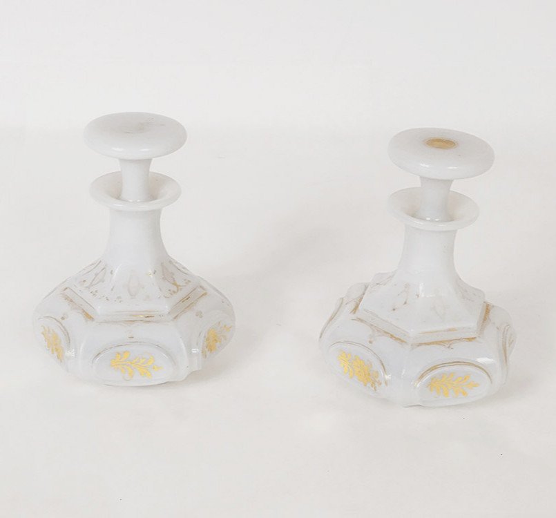 Pair Baccarat White Opaline Bottles Gilding Foliage XIXth Century