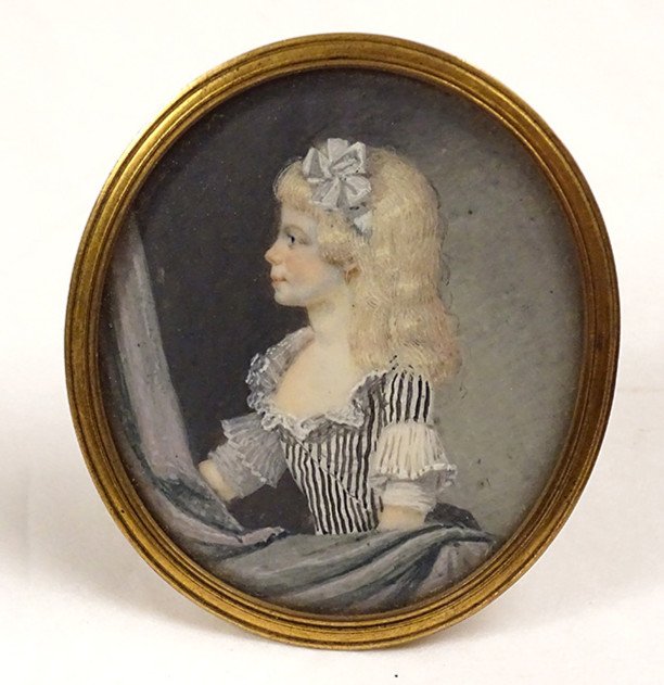 Miniature Painted Oval Portrait Young Girl Knot Bronze Frame XIXth Century