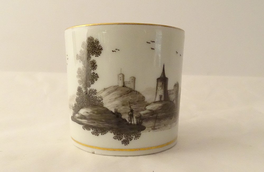 6 Tasses Porcelaine Vienne Grisaille Paysages Châteaux étangs Début XIXème-photo-7