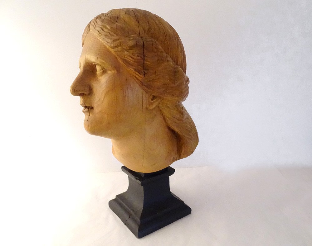 Head Sculpture Young Woman Aphrodite Carved Natural Wood Late 19th Century-photo-3