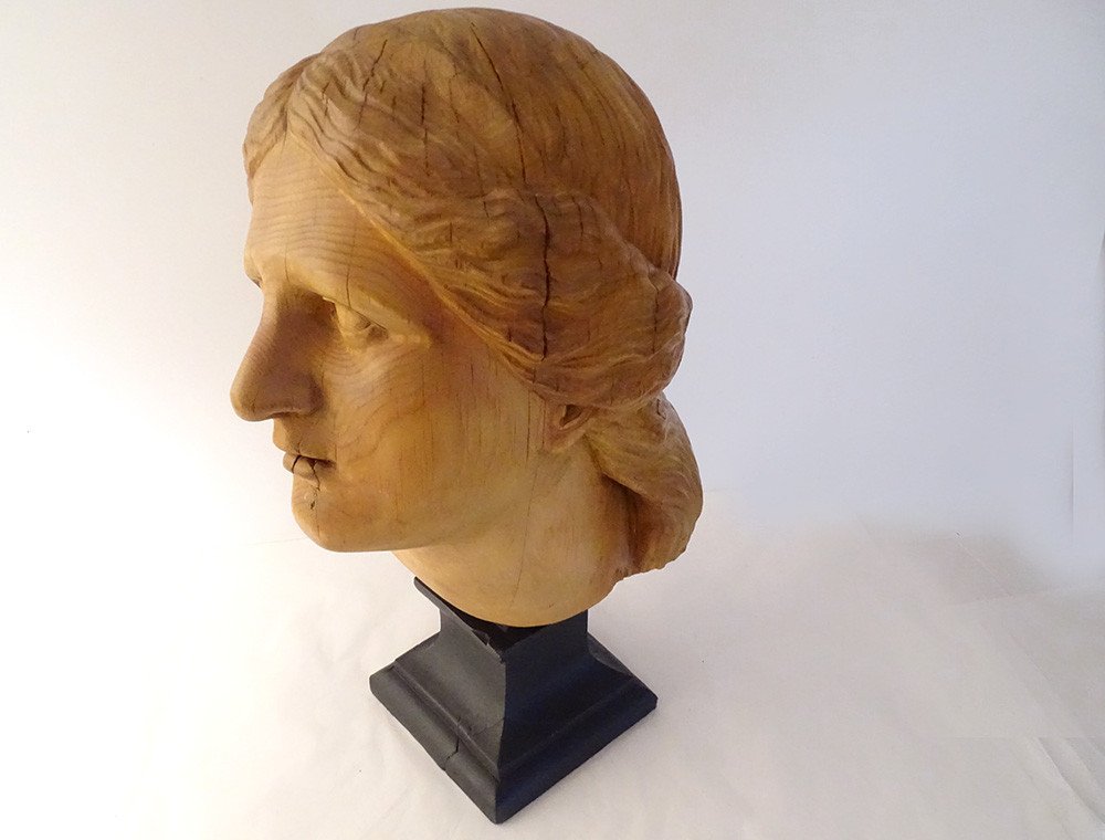 Head Sculpture Young Woman Aphrodite Carved Natural Wood Late 19th Century-photo-1