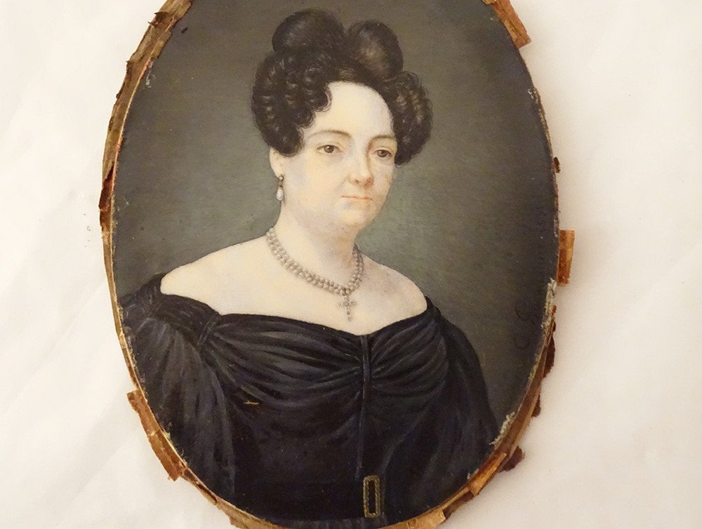 Miniature Peinte Céline Parmentier Portrait Femme Collier Perles 1831 XIXè-photo-3