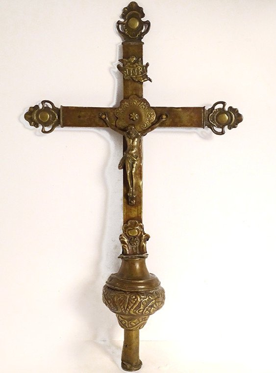 Croix de Procession Christ Crucifix Bronze Laiton Doré Vierge Marie XVIIè