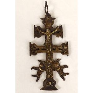 Caravaca Cross Bronze Christ Crucifix Cherubs Chalice Spain XVIIth Century