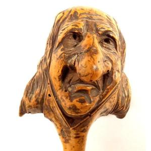 Cane Old Folk Art Carved Wood Grotesque Heads Nineteenth Characters